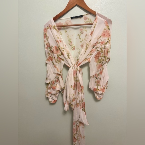 Zara Cream Floral Tie-Front Blouse - Picture 9 of 12